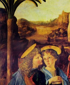 Leonardo da Vinci: Particolare del “Battesimo di Cristo” (i due angeli), periodo 1472-1475, (assieme 177 x 151 cm.) Uffizi Firenze.